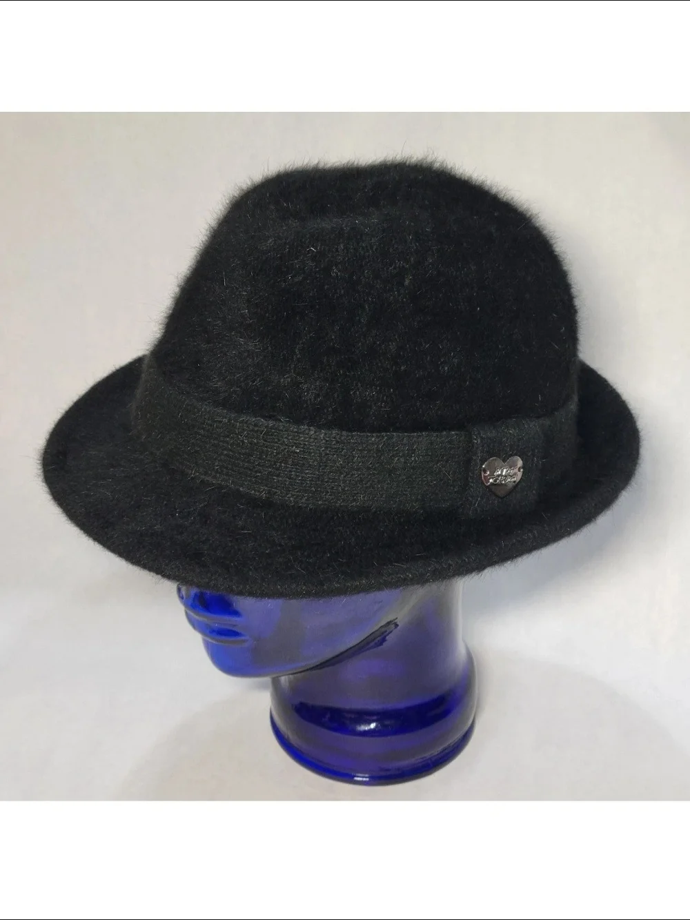 Betsey Johnson Black Angora Rabbit Fur Blend Fedora Hat W/ Heart Charm